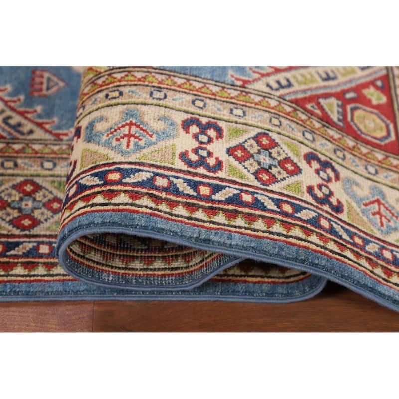 Blue Geometric Kazak Oriental Rug Bedroom Hand-Knotted Wool Carpet - 4'0"x 5'10"