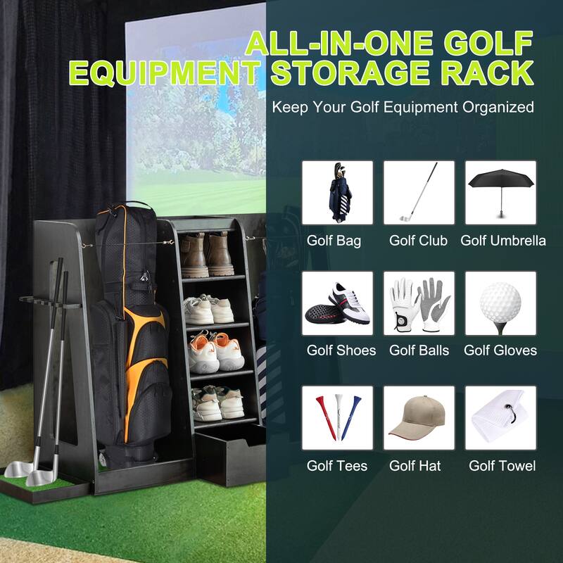 Wooden Golf Bag Organizer and Storage Rack - Holds 2 Golf Bags, 12 Clubs, 4-5 Pairs of Golf Shoes, 50+ Golf Balls