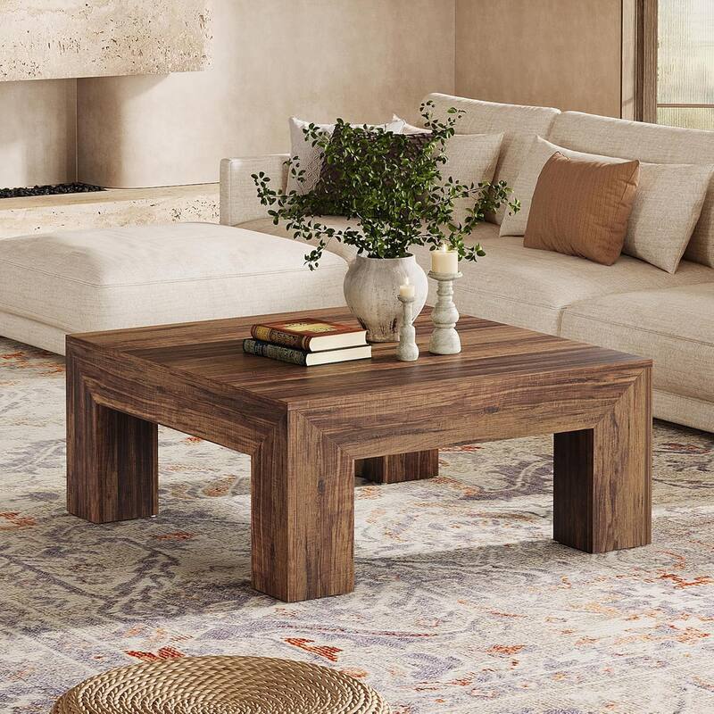 39.4-Inch Square Coffee Table for Living Room, Farmhouse Accent Center Cocktail Table with Sturdy Wooden Legs - Dark Brown
