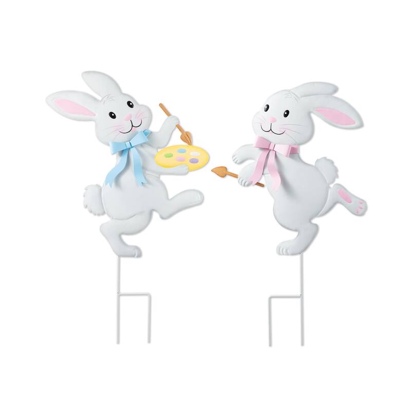 Glitzhome Easter Metal Bunny Yard Stake Wall Decors Standing Sign - Bunny Painter