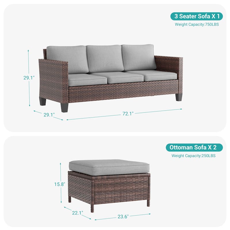 BONOSUKI 3-Piece Patio Sofa Set Brown Rattan Furniture with Ottomans