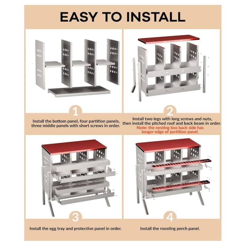 6-Compartment Chicken Nest Box Hens Laying Nest with Metal Legs and 8 Fake Training Eggs Red