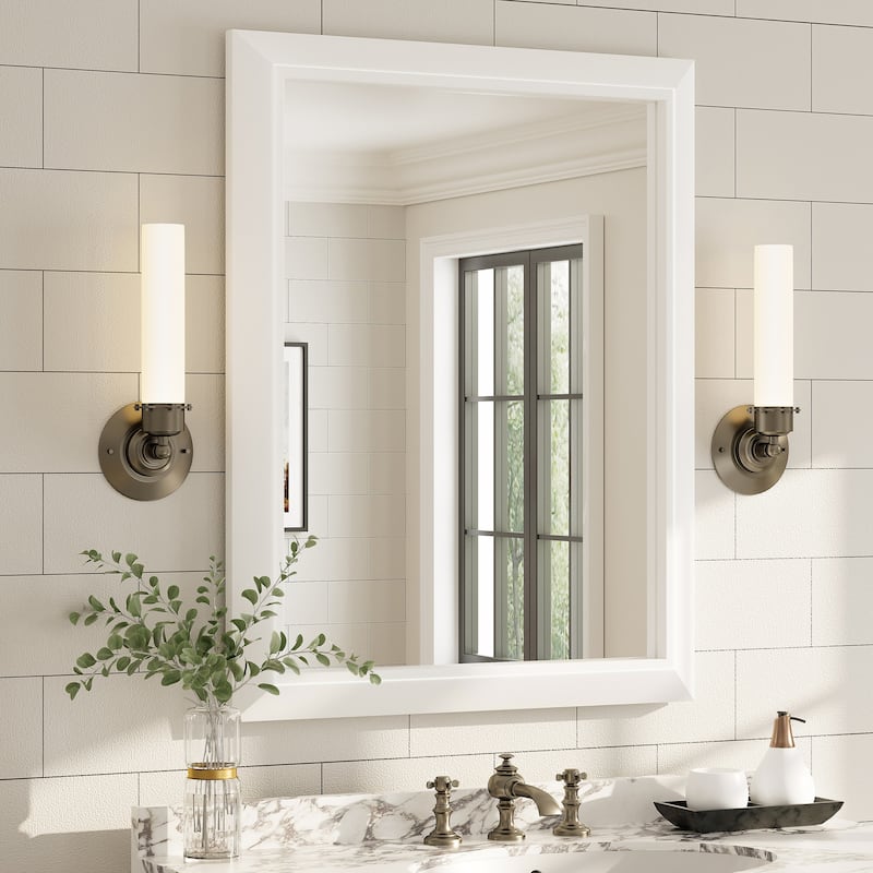 Beveled Metal Rectangle Framed Bathroom Vanity Tempered Glass Mirrors - 36" x 28" - White