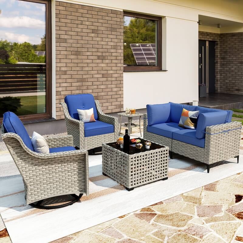 OVIOS 6 Pieces Outdoor Wicker Swivel Chair Set With Solar-Powered Coffee Table - Navy Blue