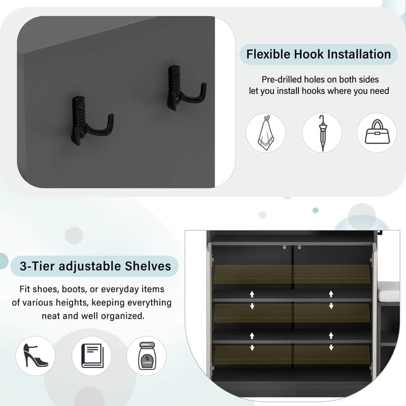 Entryway Bench Cabinet With Cushion, 2 Doors and 3-Tier Adjustable Shelves for Entryway Organization