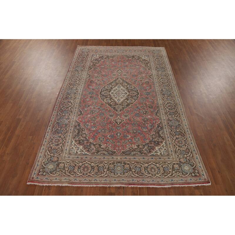 Pink Mashad Vintage Persian Area Rug Handmade Wool Carpet - 6'5" x 10'0"