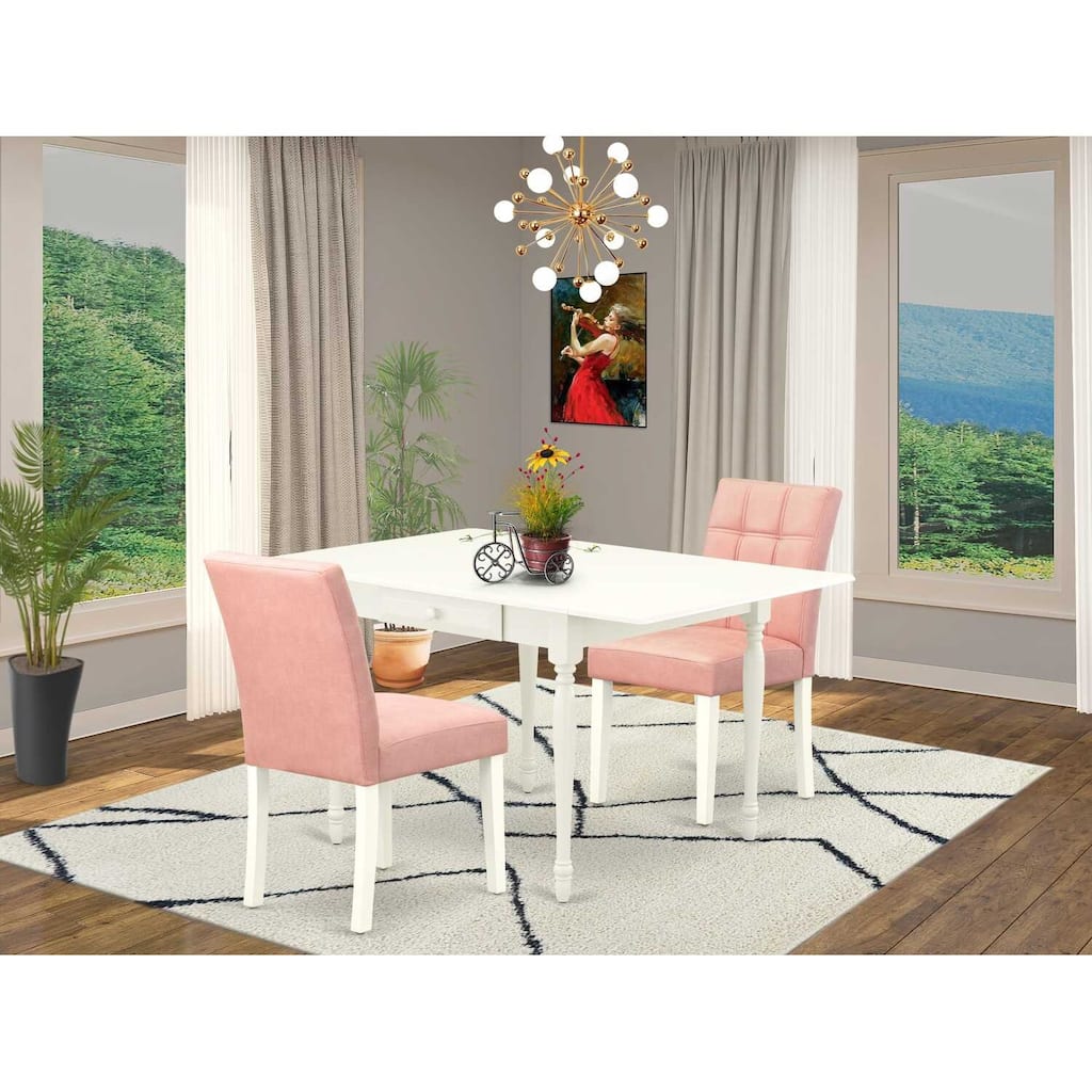 HomeStock 3-Pc Linen White Finish Rectangular Solid Wood Top with Dropleaf Dining Table Set