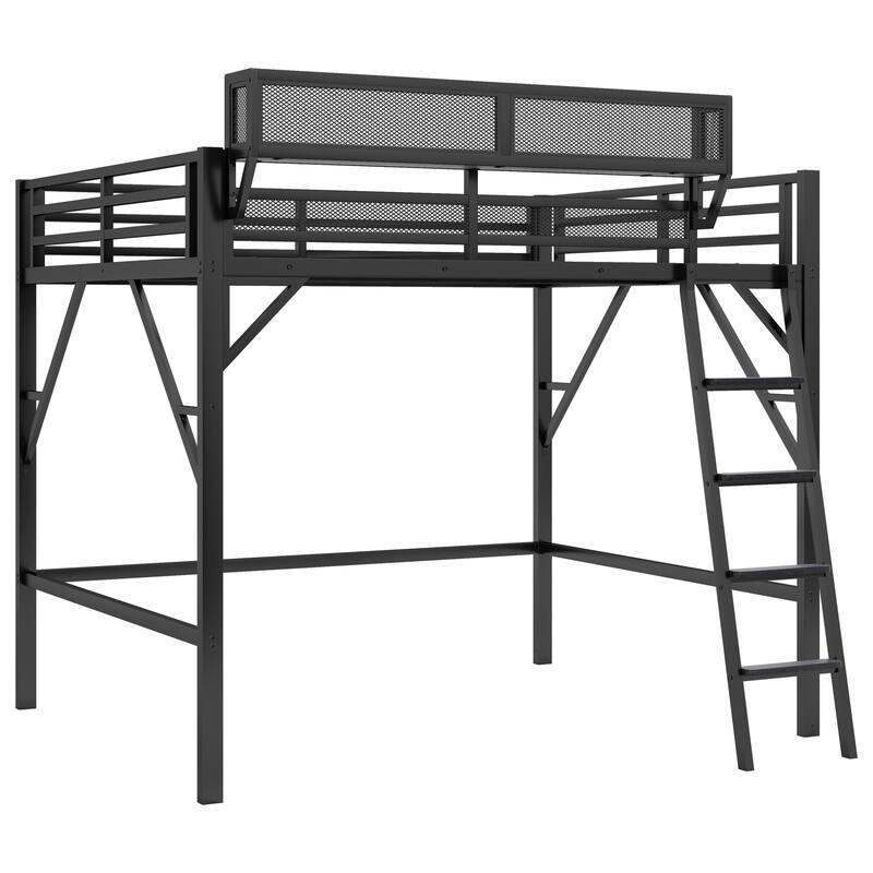 Queen Size Metal Loft Bed with Storage Shelves and Ladder for Kids and Teens, Black