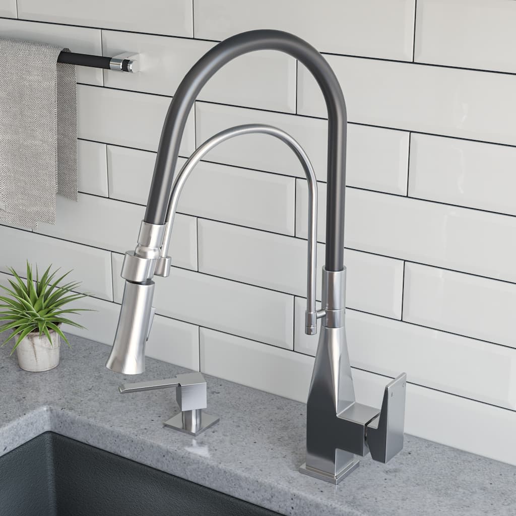 Brushed Nickel Square Kitchen Faucet with Black Rubber Stem