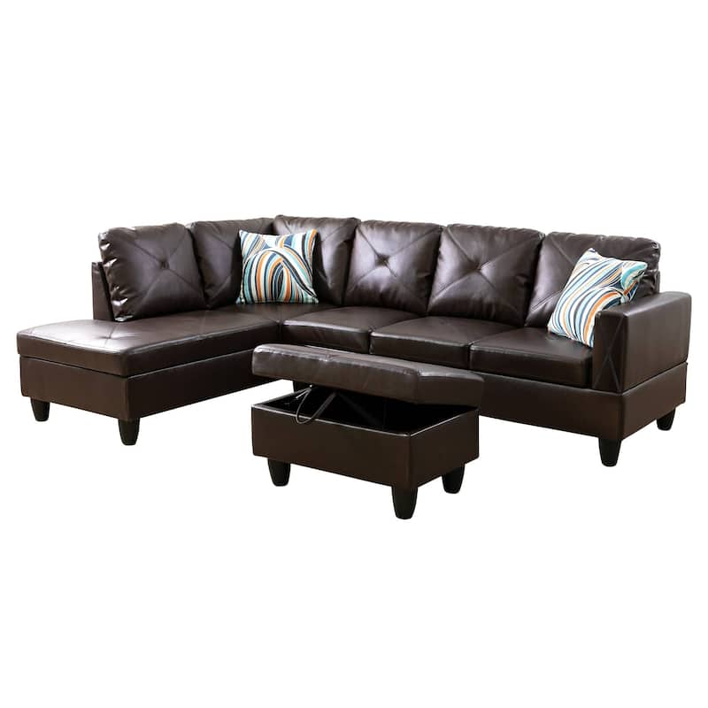 Brown Faux Leather 3-Piece Couch Living Room Sofa Set - Brown