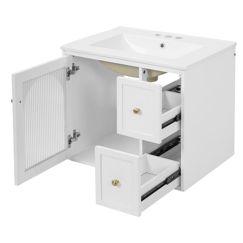 24" Space-Saving Wall Mount Bathroom Vanity with Ceramic Sink - 2 Drawers & Soft-Close Door, Compact Cabinet for Small Bathrooms