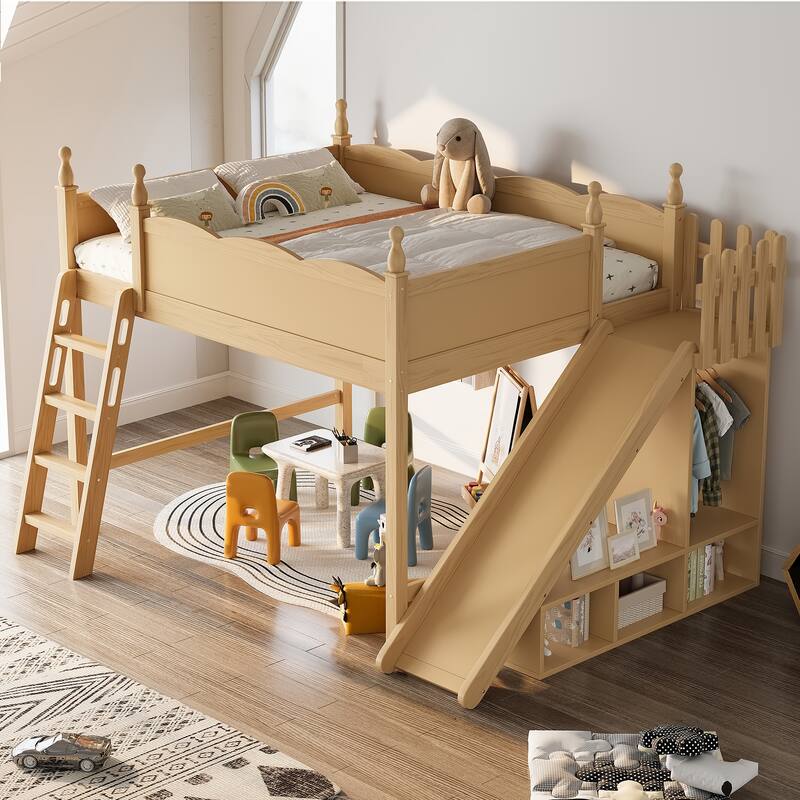 Queen Loft Bed with Storage Shelves and Wardrobe, Solid Wood Loft Beds with Detachable Slide and Ladders, No Spring Box Needed