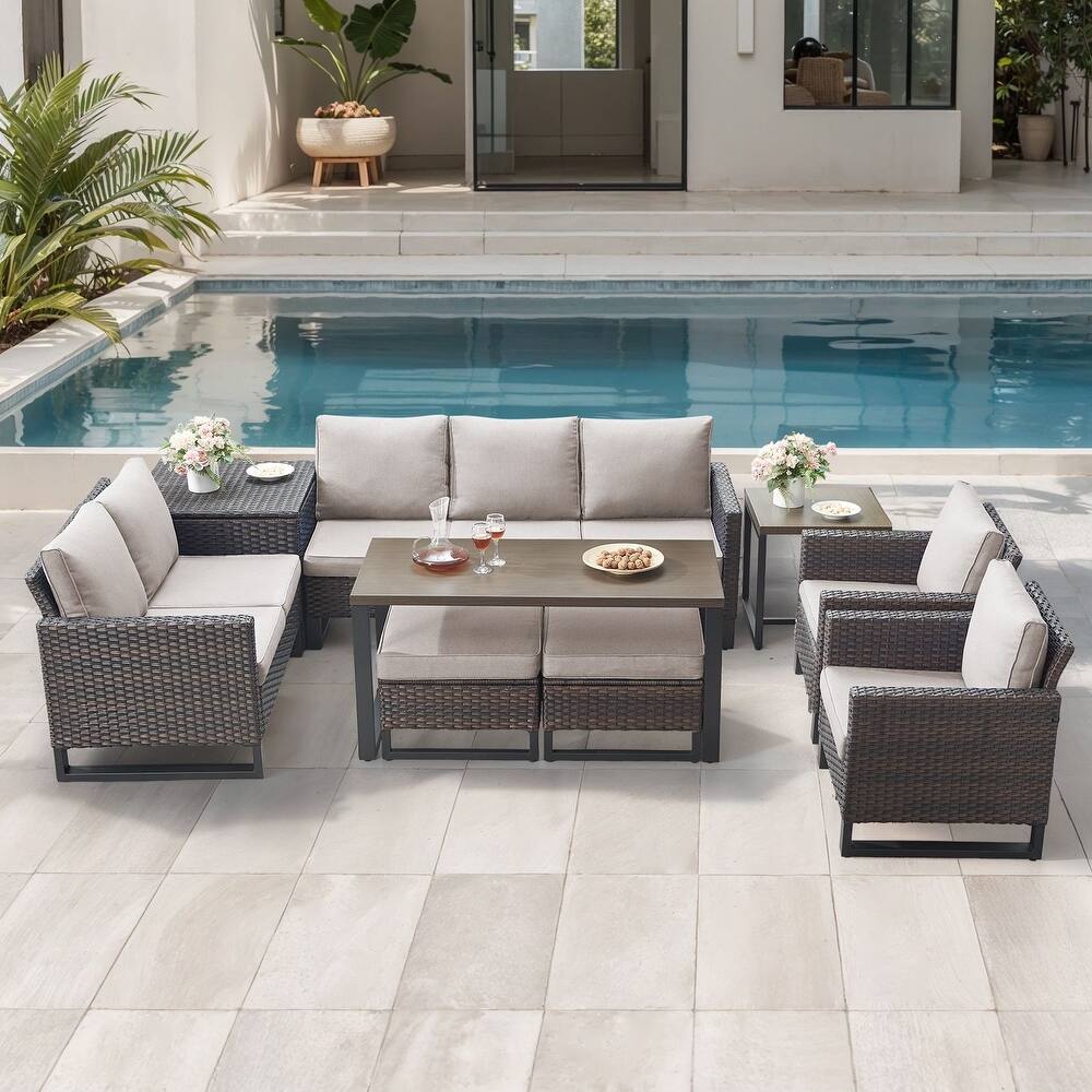 Gymojoy 7-9 Person Outdoor Patio Wicker Conversation Set Group With Armchairs And Ottomans