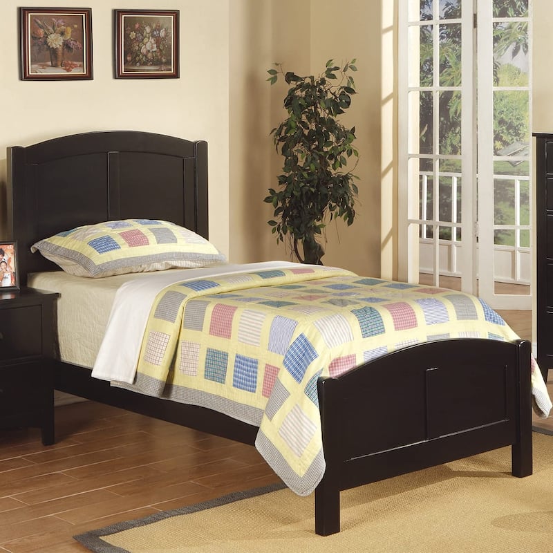 Twin Size Panel Bed with Carved Headboard and Rubberwood Frame - Black