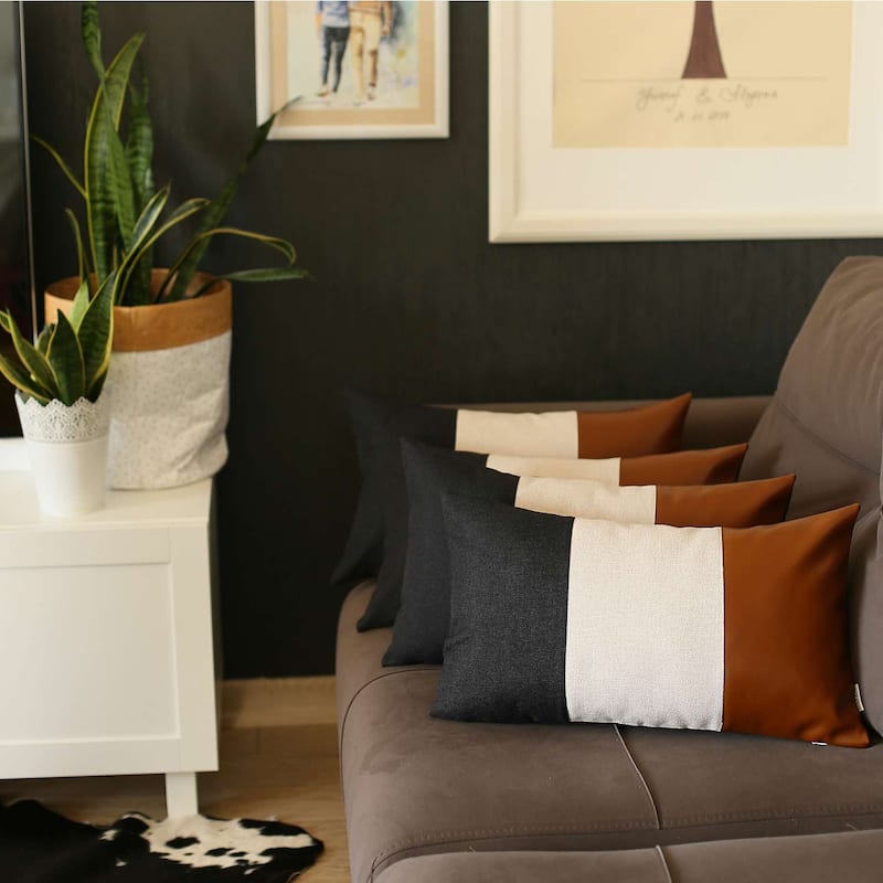 Boho-Chic Decorative Vegan Faux Leather Pillow Covers 4 PCS - 12x20 - Black-Grey-Brown