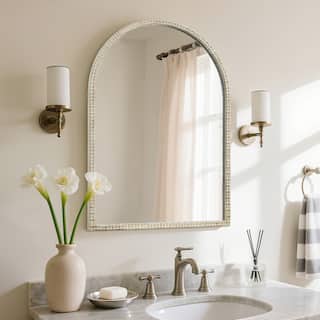 White&Gold Arched Antique Mirror with Ornate Frame for Vanity