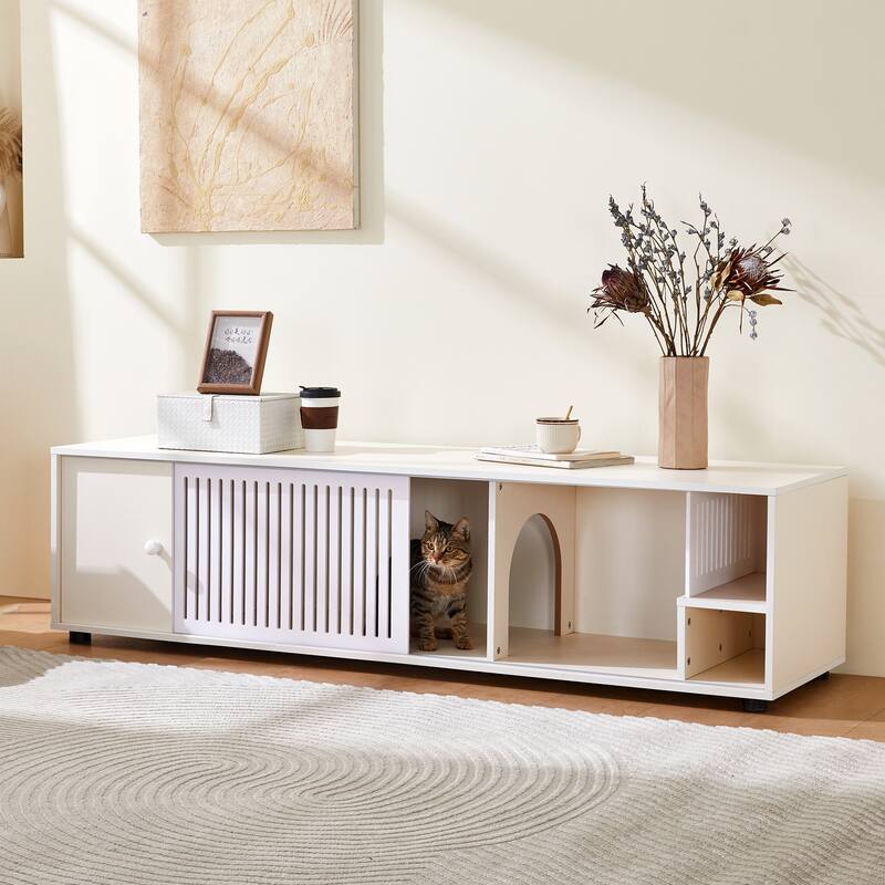 Wood Media Console with Removable Sliding Door, TV Stand with Slatted Doors, Cat-Friendly Compartments