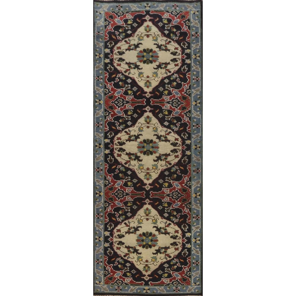 Hand-knotted Transitional Wool Carpet Blue Oushak Rug Oriental Carpet Floral Area Rug Oriental Carpet - 8' 0'' X 2' 7''