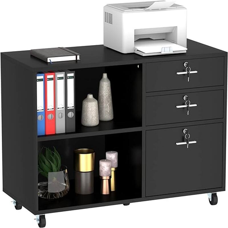 Wood File Cabinet 3 Drawer - 15.6"D x 35"W x 25.6"H - Black