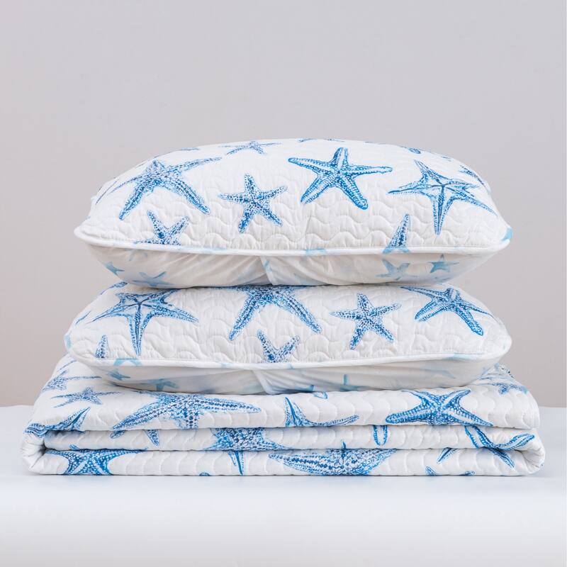 Premium Blue Starfish Microfiber Quilt Set With Shams