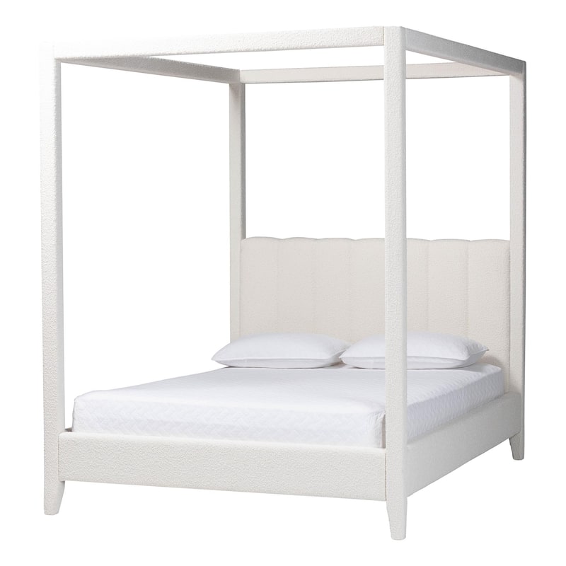 Aerona Boucle Upholstered Canopy Bed - Four Poster Platform Bed with Channel-Tufted Headboard, Cream, Queen - Cream - Queen