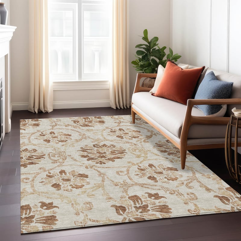 Machine Washable Indoor/ Outdoor Chantille Scroll Floral Rug