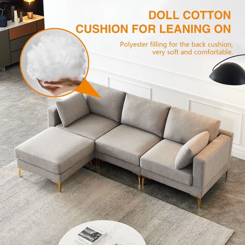 92'' Fabric L-Shape 3-Seater Sofa with Ottoman, Gold Metal Legs, and Toss Pillows