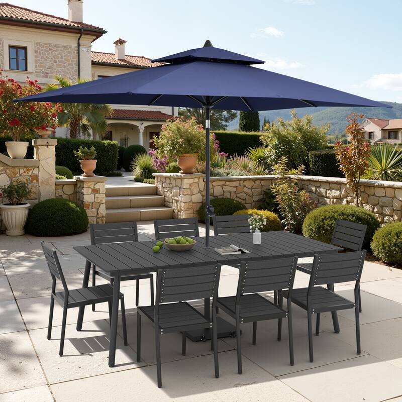 11-Piece Outdoor Dining Set Aluminum Table and 8 Stackable Chairs w/ 10 ft Umbrella and Base Stand