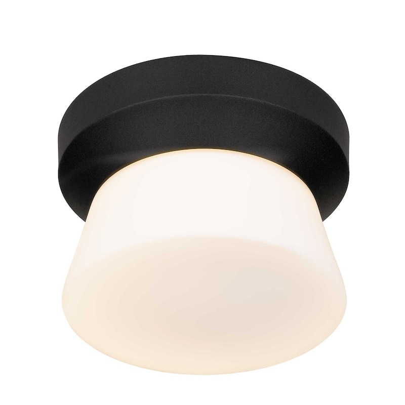 7 Inch LED Flush Mount Light Etched White Glass Shade Dimmable - Black