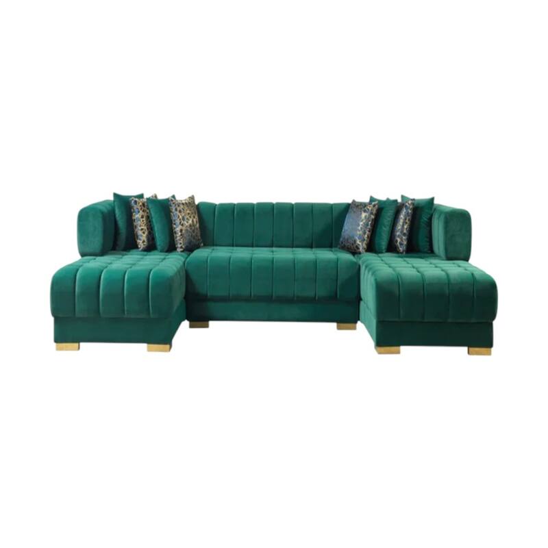 HomeRoots Green Velvet U Shaped Three Piece Sofa and Chaise Sectional With Toss Pillows