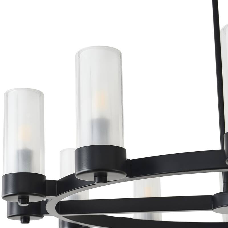 12 - Light Modern Round Chandelier with Frosted Glass Cylinder Shades