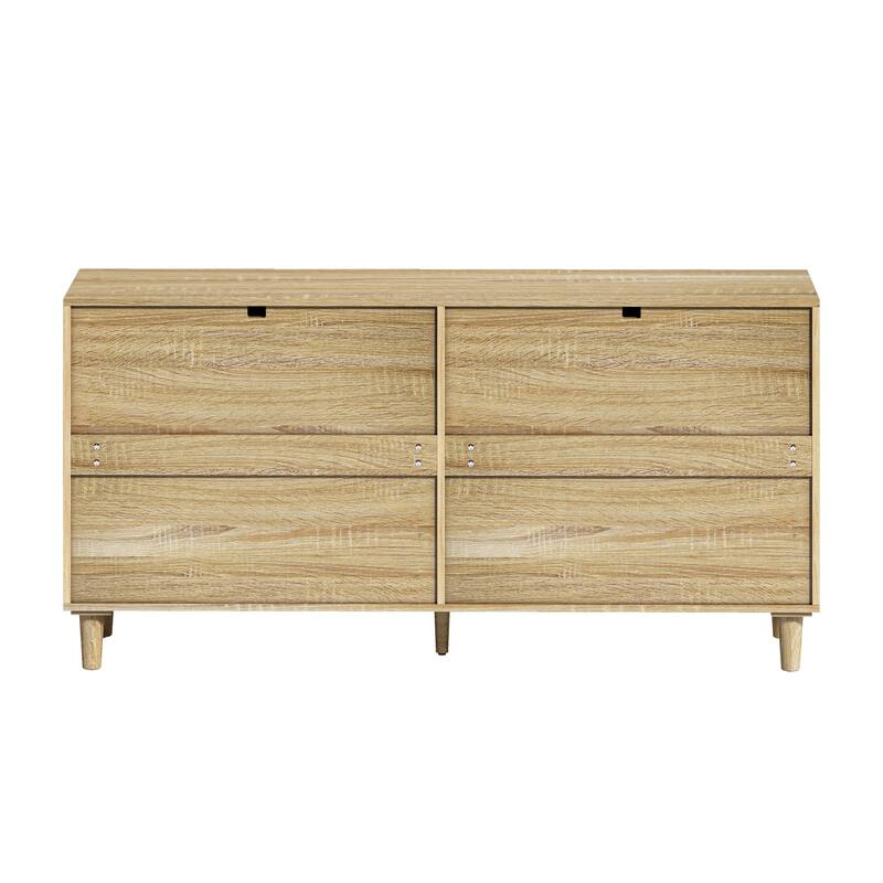 6 Drawers Rattan Dresser, Wooden Storage Wardrobe Dresser, Floor Standing Storage Cabinet with Metal Handle & Wood Legs