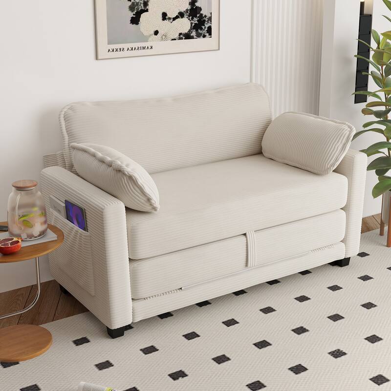 2-in-1 Convertible Corduroy Sofa Bed 51" Small Sofa, 2-Seater Loveseat Sleeper Couch with Side Storage