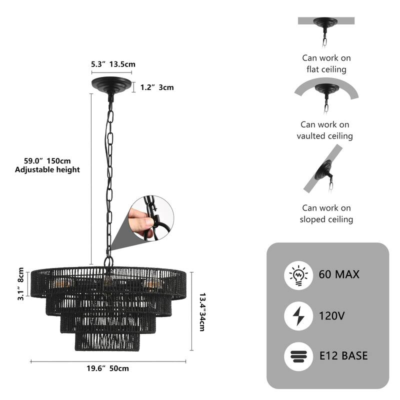 Rustic 4-Tier Rope Chandelier Boho Farmhouse Ceiling Fixture with 6 E12 Sockets, for Dining Room, Kitchen and Entryway