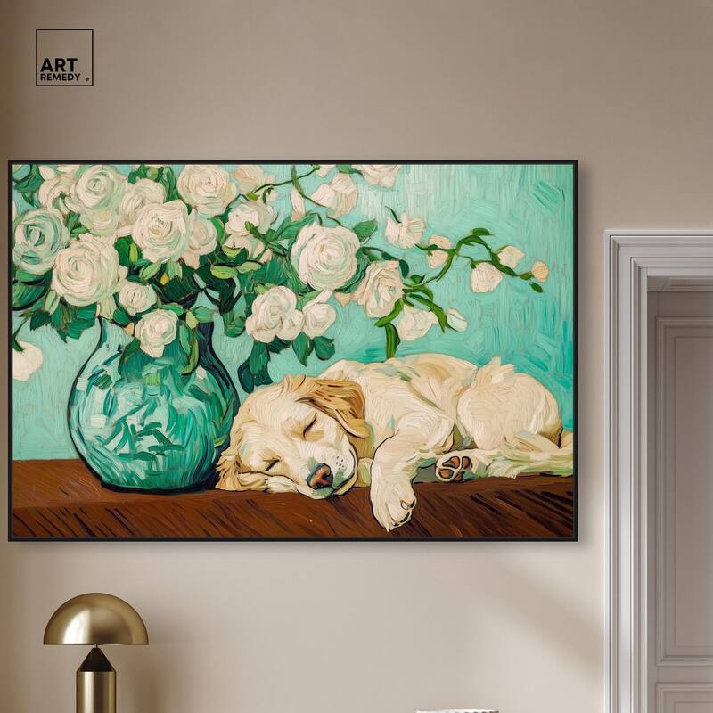 Rose Vase Puppy Canvas by Art Remedy