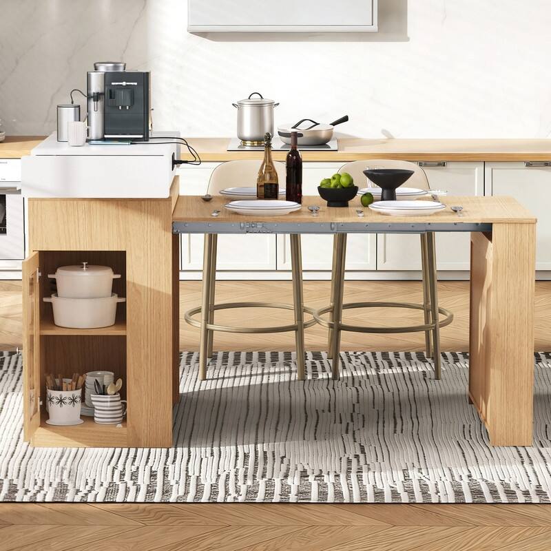 57.7" Kitchen Island with Extendable Top on Wheels, Kitchen Dining Table, Bar Table with Drawers and Power Outlet