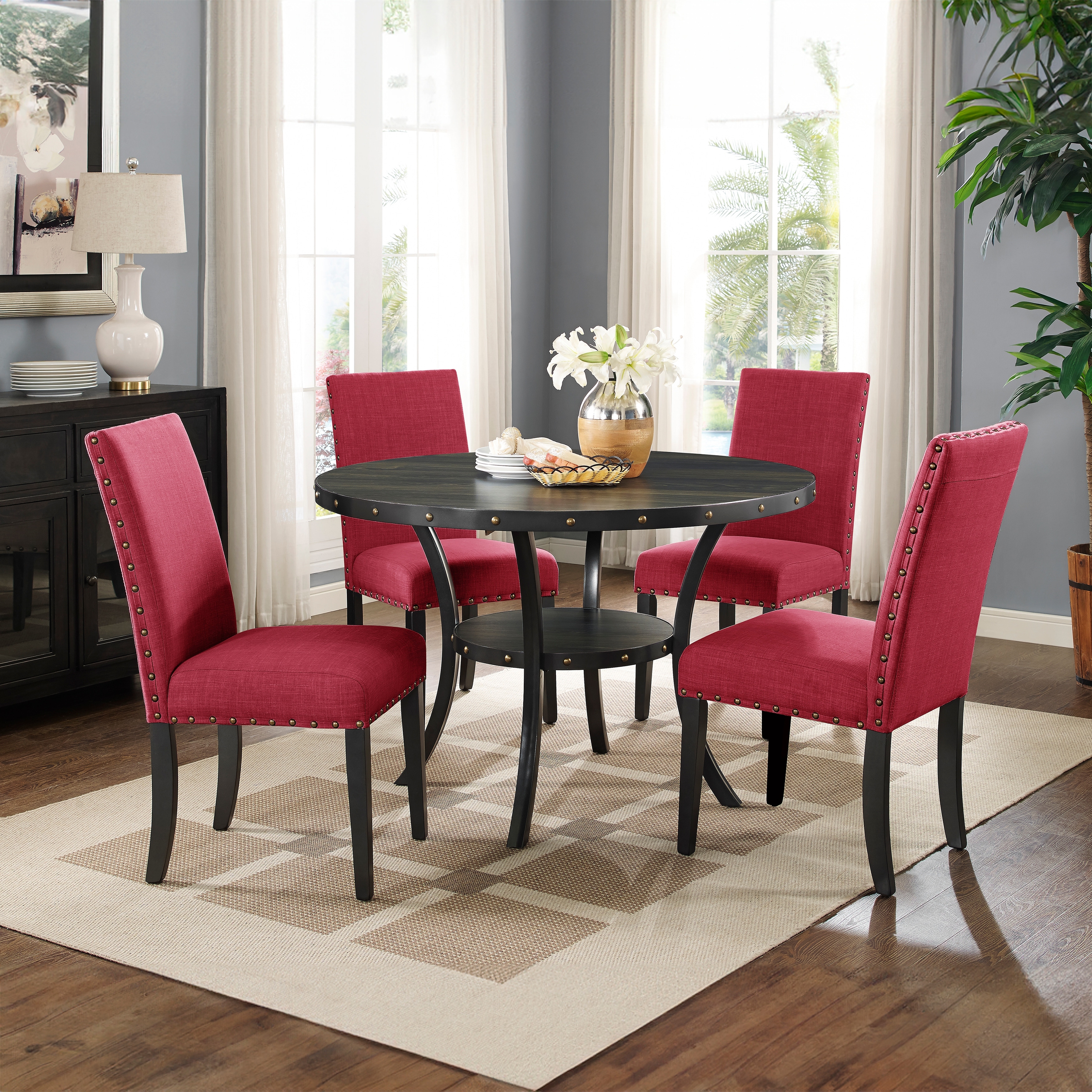 Wood Dining Set with 4 Red Upholstered Chairs & Round Table