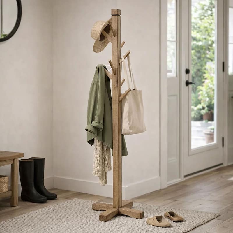Rena Coat, Hat Tree Stand, 8 Wood Stems, 72 Inch Light Brown Mahogany