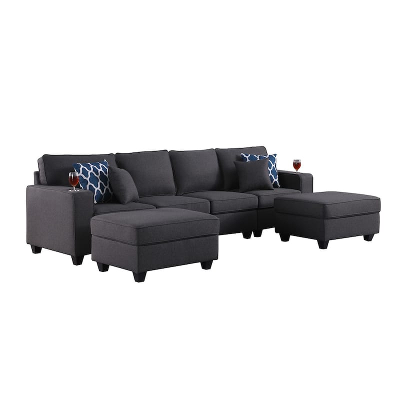 Linen Upholstered Linen 4-Seater Sofa with 2 Ottomans in Dark Gray