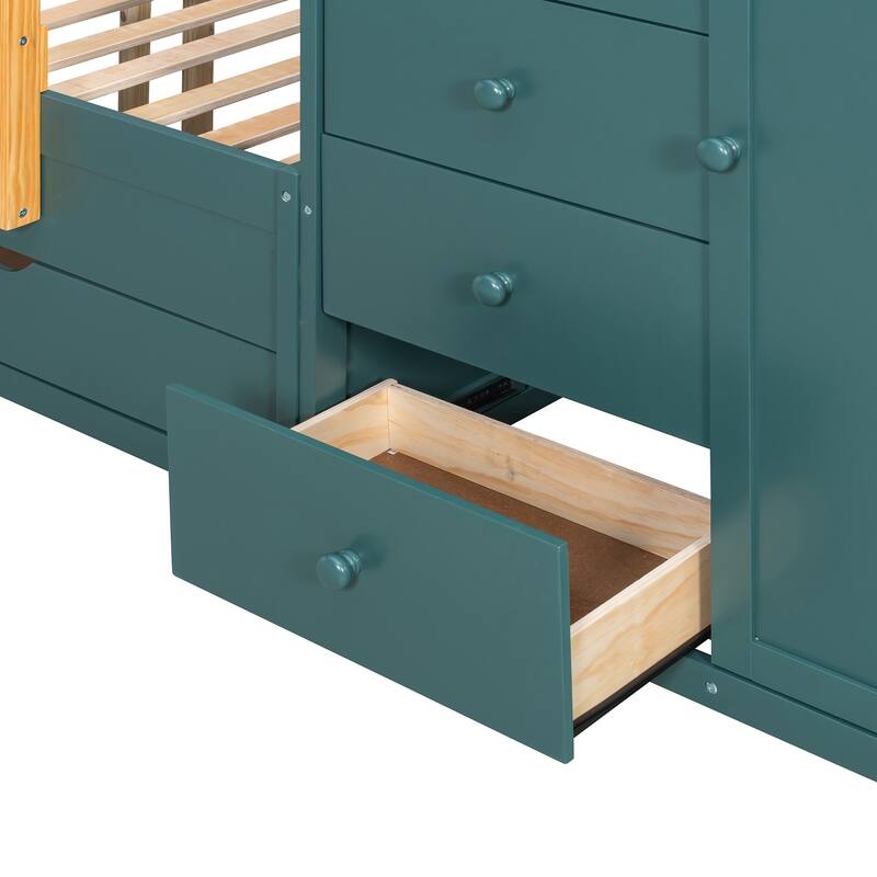 Full Size Bunk Bed with Storage - 2 Large & 5 Small Drawers, Small Wardrobe, MDF & Solid Wood