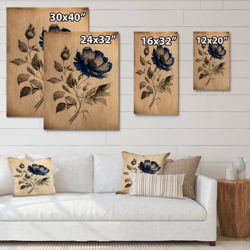 Designart 'Blue Vintage Flower Blooming IV' Floral Wood Wall Art - Natural Pine Wood