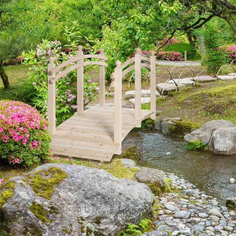 Solid Fir Wood Arch Garden Bridge with Side Rails for Gardens Ponds and Walkways Varnished Finish 505 lbs Capacity