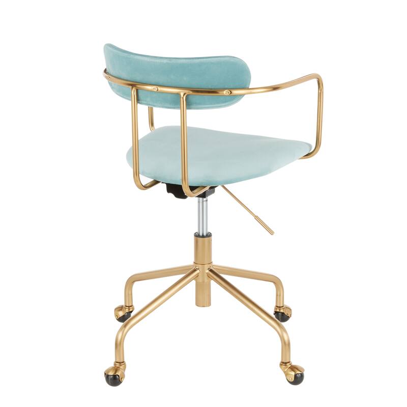 Modern Light Blue Velvet Office Chair with Sleek Gold Frame, Cushioned Seat, and Swivel Base for Home or Office Use