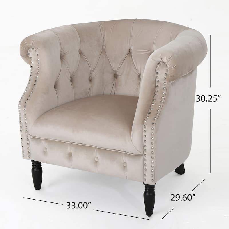 Champagne Modern 32.75" Velvet Button Tufted Club Chair with Turned Birch Wood Legs and Nailheads