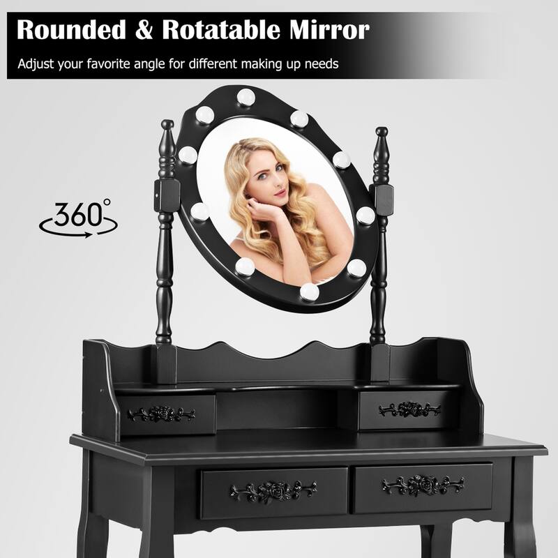 Gymax Makeup Vanity Dressing Table Set w/10 Dimmable Bulbs Cushioned - See Details