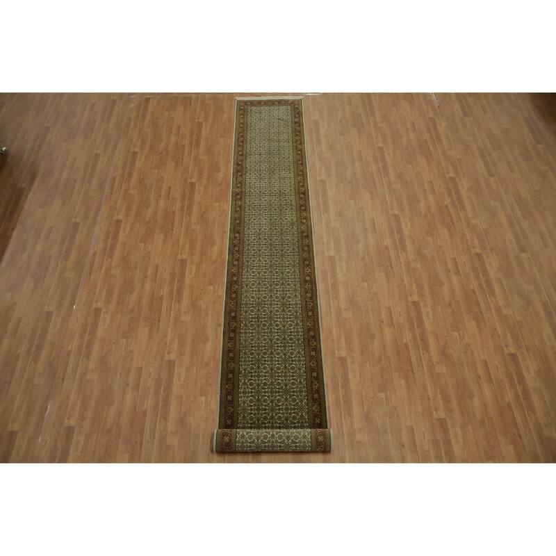 Hand Knotted Oriental 100% Wool Carpet Traditional All-Over Green Tabriz Runner Rug - 17' 4'' X 2' 8''