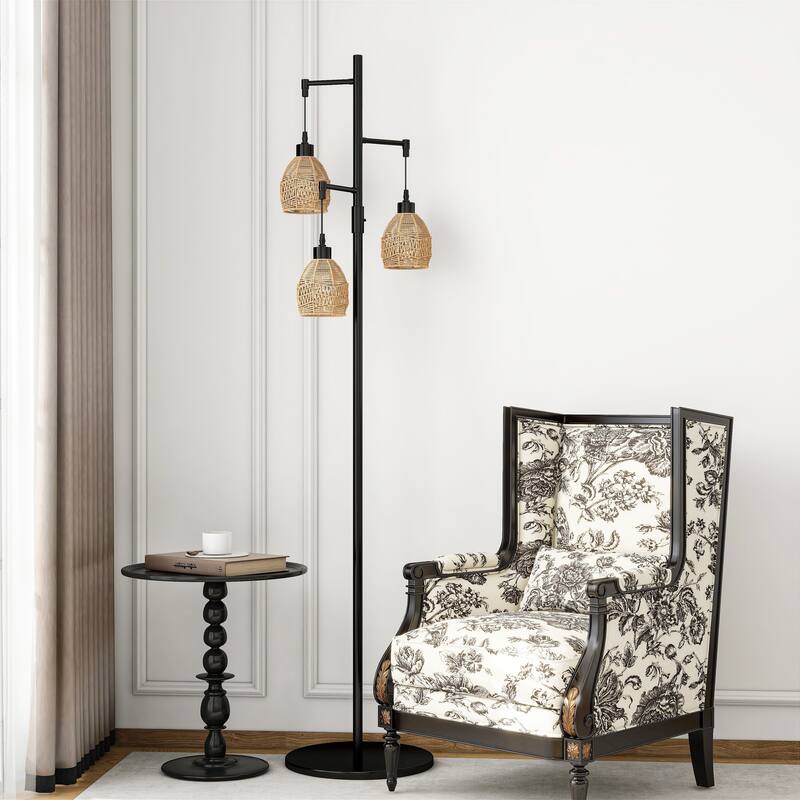 3-Light Woven Rattan Globe Tree Tall Floor Lamp