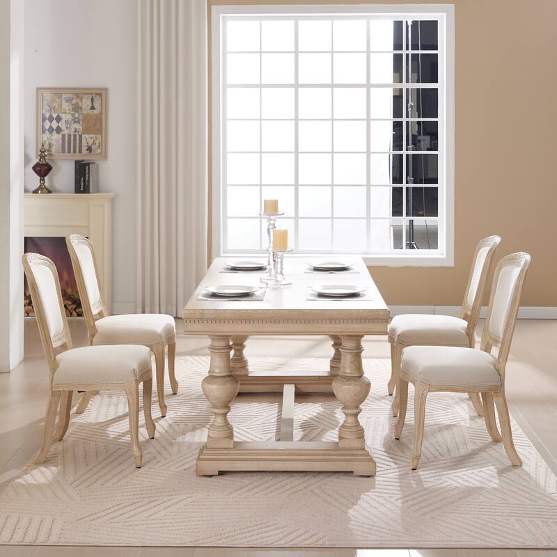 Cotton Linen Dining Chairs Set of 2, Upholstered Armless Side Chair, Kitchen Chairs with Fan-Shaped Back & Solid Wood Legs