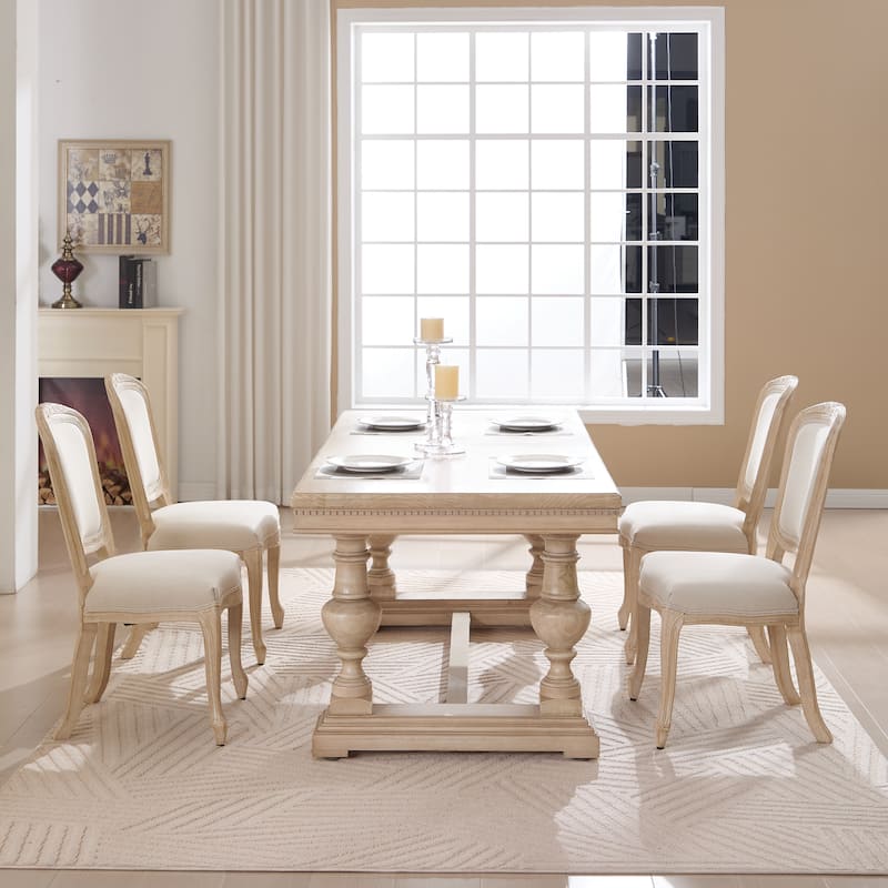 French Country Wood Dining Chairs Set of 2 Cotton Linen Seat