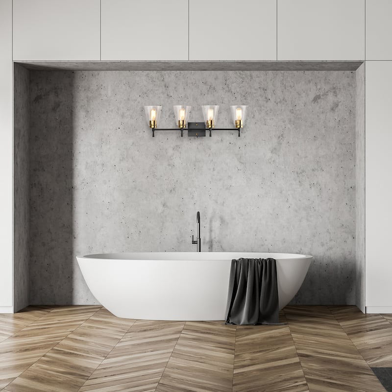 Black and Antique Brass 4-Light Vanity Light with Clear Cone Glass Shades